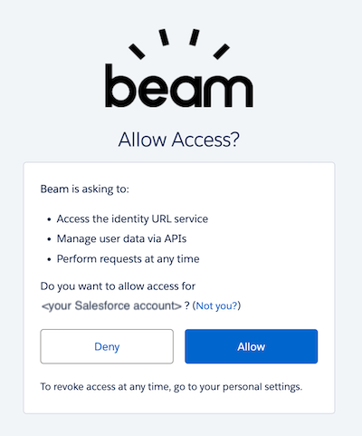 Beam authorization prompt in Salesforce